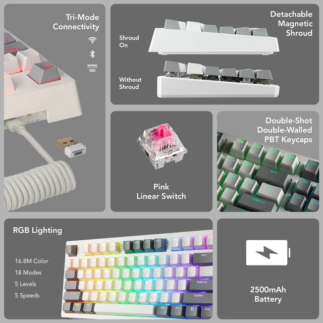 Alt view image 3 of 7 - Phantom+ Elite 87 Key RGB Mechanical Gaming Keyboard 3 Mode Wireless Bluetooth 5.0 2.4GHz & USB C Wired Hot Swappable 5 Pin Double Shot PBT Keycaps Wraith Pink Switch - White