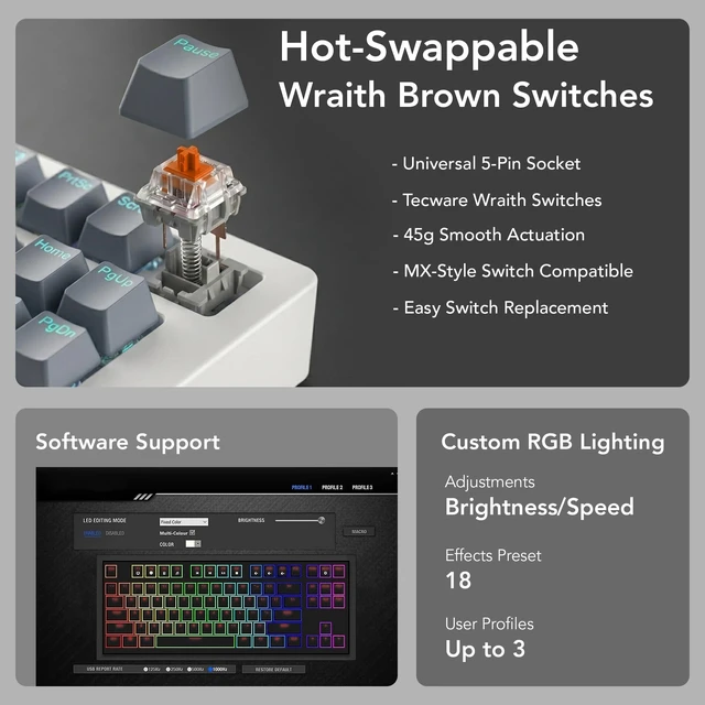 Alt view image 5 of 7 - Phantom+ Elite 87 Key RGB Mechanical Gaming Keyboard 3-Mode Wireless Bluetooth 5.0, 2.4GHz & USB-C Wired Hot-Swappable 5-Pin Double-Shot PBT Keycaps Wraith Brown Switch - White