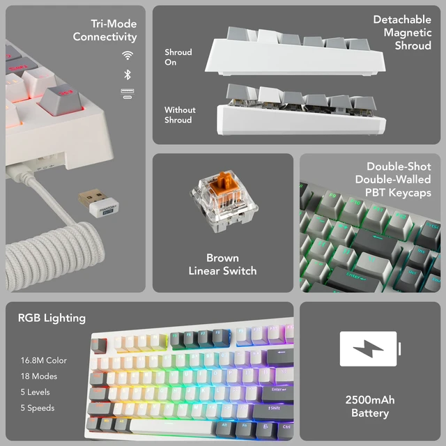 Alt view image 3 of 7 - Phantom+ Elite 87 Key RGB Mechanical Gaming Keyboard 3-Mode Wireless Bluetooth 5.0, 2.4GHz & USB-C Wired Hot-Swappable 5-Pin Double-Shot PBT Keycaps Wraith Brown Switch - White