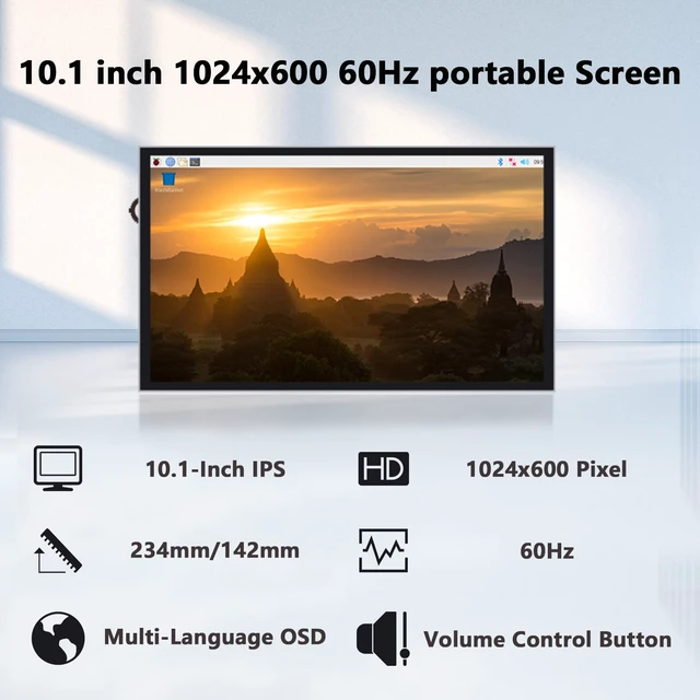 Alt view image 2 of 7 - 10.1 Inch LCD Screen for Raspberry Pi, 1024x600 IPS LCD Display, HDMI Portable Monitor for Raspberry Pi 5/Pi 4B/3B+/3B/B+/Zero/400, Win11/10/8/7, Free Driver (Non-Touch)