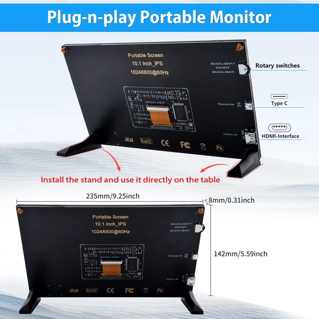 Alt view image 4 of 7 - 10.1 Inch LCD Screen for Raspberry Pi, 1024x600 IPS LCD Display, HDMI Portable Monitor for Raspberry Pi 5/Pi 4B/3B+/3B/B+/Zero/400, Win11/10/8/7, Free Driver (Non-Touch)