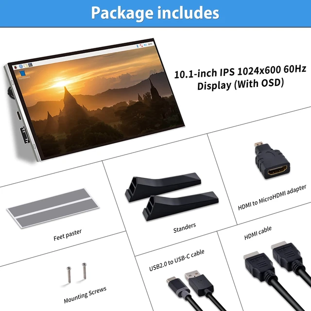 Alt view image 7 of 7 - 10.1 Inch LCD Screen for Raspberry Pi, 1024x600 IPS LCD Display, HDMI Portable Monitor for Raspberry Pi 5/Pi 4B/3B+/3B/B+/Zero/400, Win11/10/8/7, Free Driver (Non-Touch)