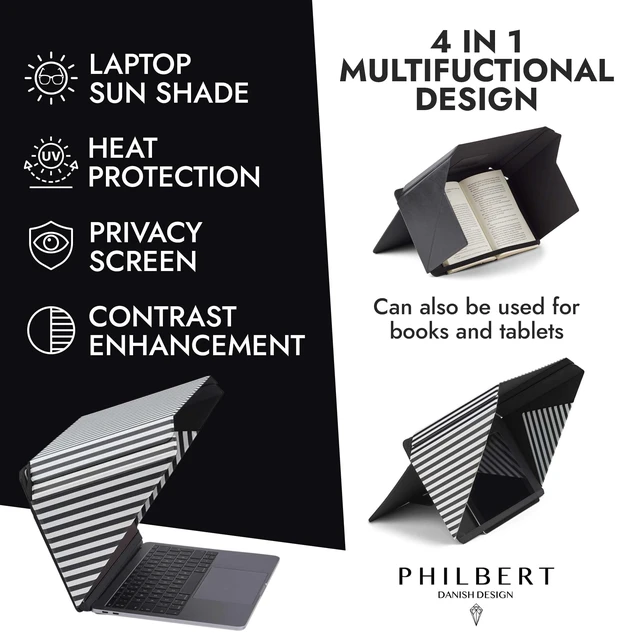 Alt view image 2 of 7 - 4-in-1 Laptop Screen Shade Original Lux Hood Sun, Privacy, Heat & Contrast Protection, Freestanding with Pocket, Fits 1516 MacBook & PC, Patented, Striped
