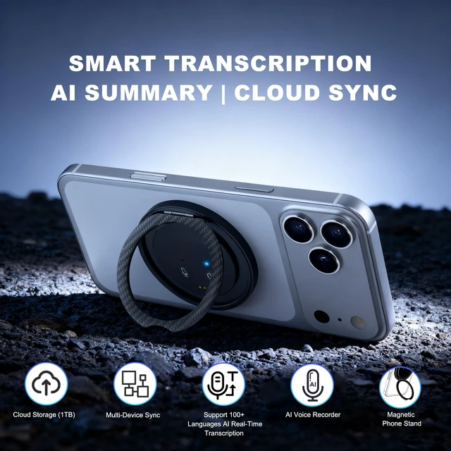 Alt view image 5 of 7 - AI Voice Recorder in a Magnetic Phone Stand, AI Meeting Assistant Portable Smart Digital Note Taker Device, 100+ Languages Real-Time transcriber, Summarize, Lectures, Meetings, Interviews