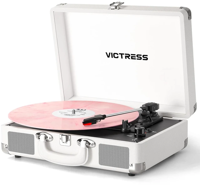 Main image of Vinyl Record Player, Built-in Speakers, Bluetooth in & Out, White 3-Speed Belt-Drive Vintage Turntable, Vinyl to Digital, AUX In, RCA Out, Headphone Jack, Portable Suitcase Design