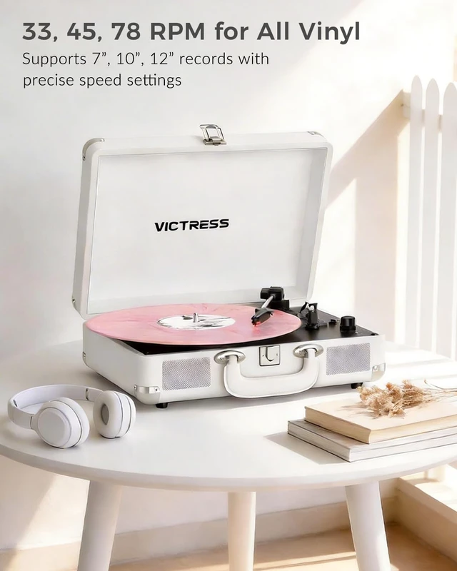 Alt view image 2 of 7 - Vinyl Record Player, Built-in Speakers, Bluetooth in & Out, White 3-Speed Belt-Drive Vintage Turntable, Vinyl to Digital, AUX In, RCA Out, Headphone Jack, Portable Suitcase Design