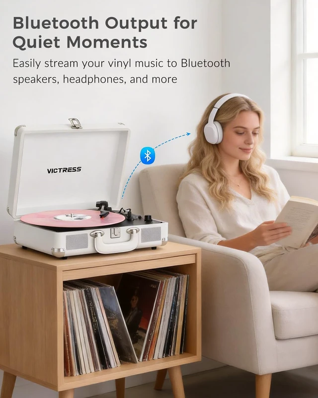 Alt view image 4 of 7 - Vinyl Record Player, Built-in Speakers, Bluetooth in & Out, White 3-Speed Belt-Drive Vintage Turntable, Vinyl to Digital, AUX In, RCA Out, Headphone Jack, Portable Suitcase Design