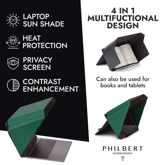 Alt view image 2 of 7 - 4-in-1 Laptop Screen Shade Original Lux Hood Sun, Privacy, Heat & Contrast Protection, Freestanding with Pocket, Fits 1516 MacBook & PC, Patented, Green