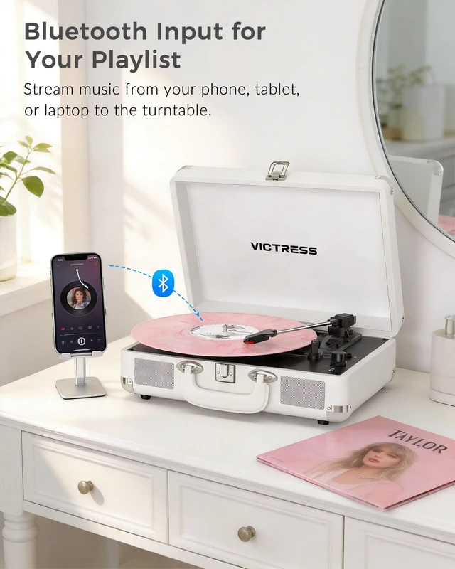 Alt view image 5 of 7 - Vinyl Record Player, Built-in Speakers, Bluetooth in & Out, White 3-Speed Belt-Drive Vintage Turntable, Vinyl to Digital, AUX In, RCA Out, Headphone Jack, Portable Suitcase Design