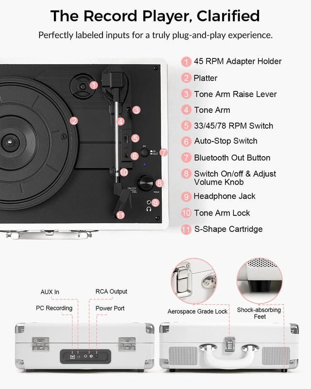 Alt view image 7 of 7 - Vinyl Record Player, Built-in Speakers, Bluetooth in & Out, White 3-Speed Belt-Drive Vintage Turntable, Vinyl to Digital, AUX In, RCA Out, Headphone Jack, Portable Suitcase Design