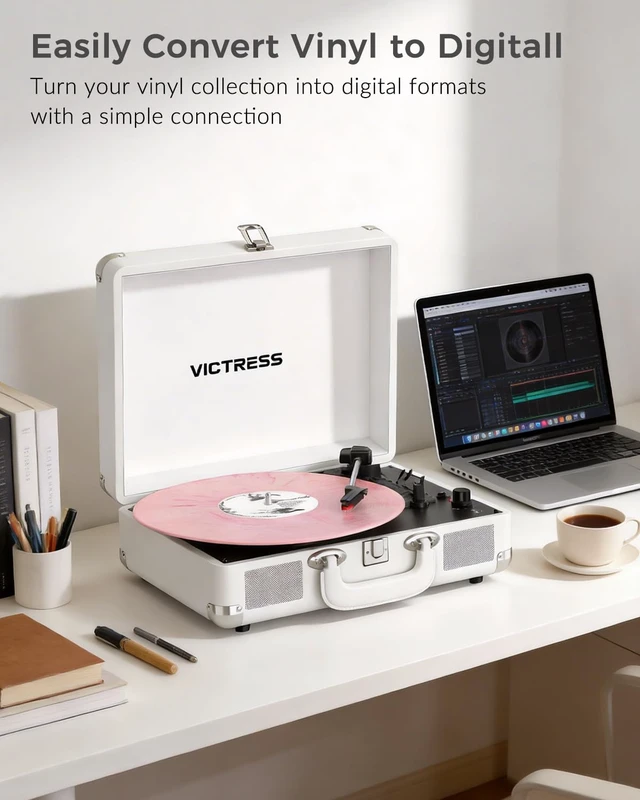 Alt view image 6 of 7 - Vinyl Record Player, Built-in Speakers, Bluetooth in & Out, White 3-Speed Belt-Drive Vintage Turntable, Vinyl to Digital, AUX In, RCA Out, Headphone Jack, Portable Suitcase Design