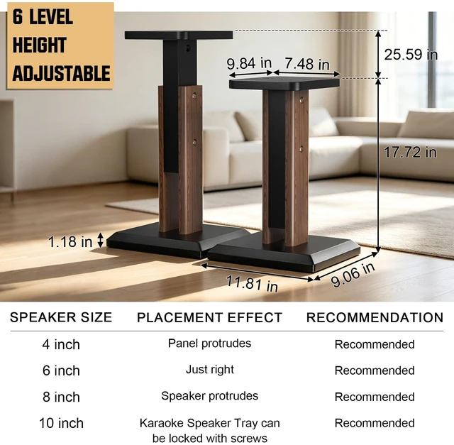 Alt view image 2 of 6 - Height Adjustable Speaker Stands Pair 17.7 to 25.6 Inch, Wood Grain Universal Floor Speaker Stands Studio Monitor Bookshelf Speaker Stands, Enhanced Audio Listening Experience for Home Theater