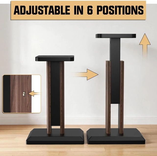 Alt view image 3 of 6 - Height Adjustable Speaker Stands Pair 17.7 to 25.6 Inch, Wood Grain Universal Floor Speaker Stands Studio Monitor Bookshelf Speaker Stands, Enhanced Audio Listening Experience for Home Theater