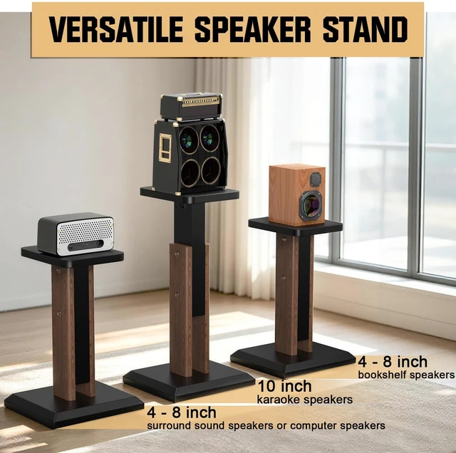 Alt view image 4 of 6 - Height Adjustable Speaker Stands Pair 17.7 to 25.6 Inch, Wood Grain Universal Floor Speaker Stands Studio Monitor Bookshelf Speaker Stands, Enhanced Audio Listening Experience for Home Theater