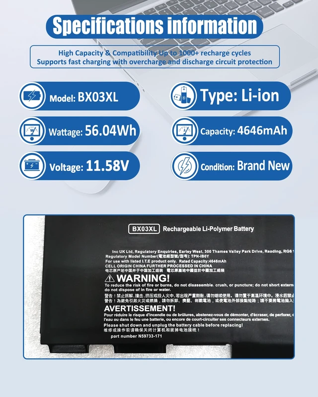 Alt view image 5 of 7 - N59787-005 BX03XL Battery for HP ZBook Firefly 14 16 G11 Series for HP EliteBook 830 835 840 845 860 865 G11 Series BX03056XL TPN-IB0Y HSTNN-OB3H N59733-AC1 (56.04Wh 4646mAh)