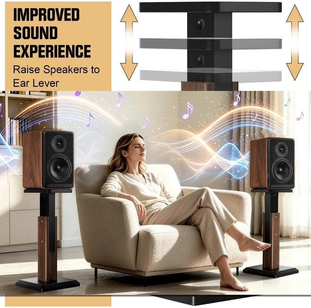 Alt view image 6 of 6 - Height Adjustable Speaker Stands Pair 17.7 to 25.6 Inch, Wood Grain Universal Floor Speaker Stands Studio Monitor Bookshelf Speaker Stands, Enhanced Audio Listening Experience for Home Theater