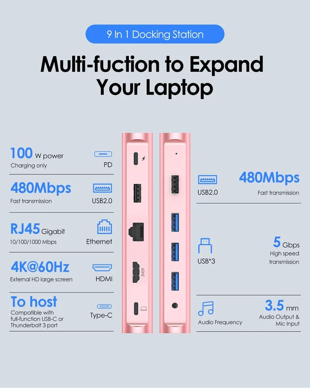 Alt view image 2 of 7 - USB C Docking Staion 4K@60Hz, Ethernet, 5xUSB Ports, 100W PD, Audio 9 in 1 Dock, 3.3ft Long Cable, Detachable Design, No Driver, Compatible with macOS, Windows & ChromeOS (D53, Rose Gold)