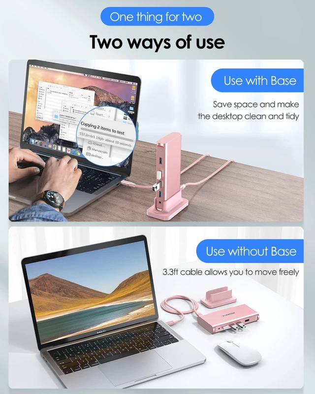 Alt view image 3 of 7 - USB C Docking Staion 4K@60Hz, Ethernet, 5xUSB Ports, 100W PD, Audio 9 in 1 Dock, 3.3ft Long Cable, Detachable Design, No Driver, Compatible with macOS, Windows & ChromeOS (D53, Rose Gold)