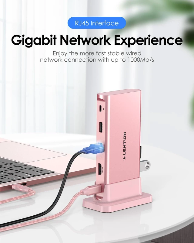 Alt view image 4 of 7 - USB C Docking Staion 4K@60Hz, Ethernet, 5xUSB Ports, 100W PD, Audio 9 in 1 Dock, 3.3ft Long Cable, Detachable Design, No Driver, Compatible with macOS, Windows & ChromeOS (D53, Rose Gold)