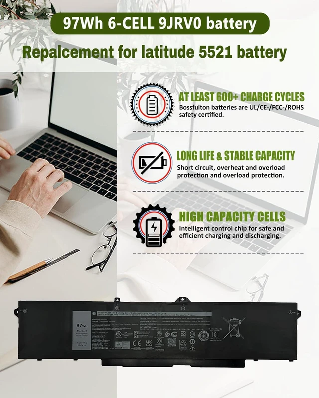 Alt view image 2 of 6 - 6-Cell 9JRV0 Laptop Battery for Dell Latitude 5521 5531 & Precision 3561 3571 3581 Series 53XP7 053XP7 05RGW 97Wh