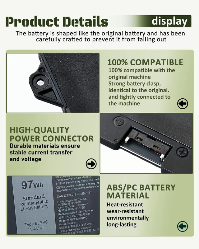 Alt view image 5 of 6 - 6-Cell 9JRV0 Laptop Battery for Dell Latitude 5521 5531 & Precision 3561 3571 3581 Series 53XP7 053XP7 05RGW 97Wh