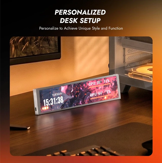 Alt view image 4 of 7 - V92 9.2" PC Case Screen, 1920x462 IPS Sensor Panel Monitor, White CPU/GPU Temp Display, No AIDA64 Needed, No HDMI Needed, USB-C/Internal 9-Pin, Aluminum Body for Gaming PC Builds
