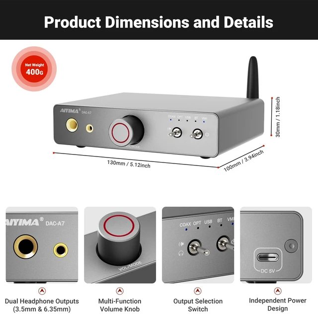Alt view image 3 of 7 - DAC A7 Bluetooth Desktop DAC Headphone Amplifier for Music,PC,Gaming ESS ES9038Q2M DAC,QCC3084 Bluetooth,USB-C,Opt & Coax input with RCA,3.5mm and 6.35mm outputs for 16600 headphone,PS5 & Xbox