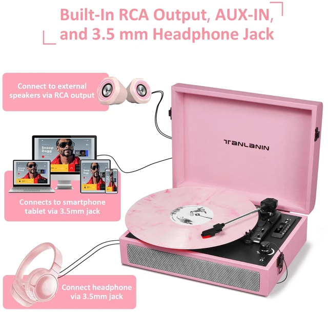 Alt view image 2 of 7 - Vintage 3-Speed Bluetooth Record Player with Built-in Speakers, Retro LP Vinyl Player Portable Turntable with USB Recording, Bluetooth Music Playback, RCA/AUX/Headphone Jack, Pink