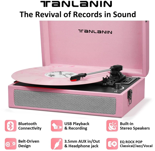 Alt view image 5 of 7 - Vintage 3-Speed Bluetooth Record Player with Built-in Speakers, Retro LP Vinyl Player Portable Turntable with USB Recording, Bluetooth Music Playback, RCA/AUX/Headphone Jack, Pink