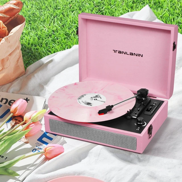 Alt view image 6 of 7 - Vintage 3-Speed Bluetooth Record Player with Built-in Speakers, Retro LP Vinyl Player Portable Turntable with USB Recording, Bluetooth Music Playback, RCA/AUX/Headphone Jack, Pink