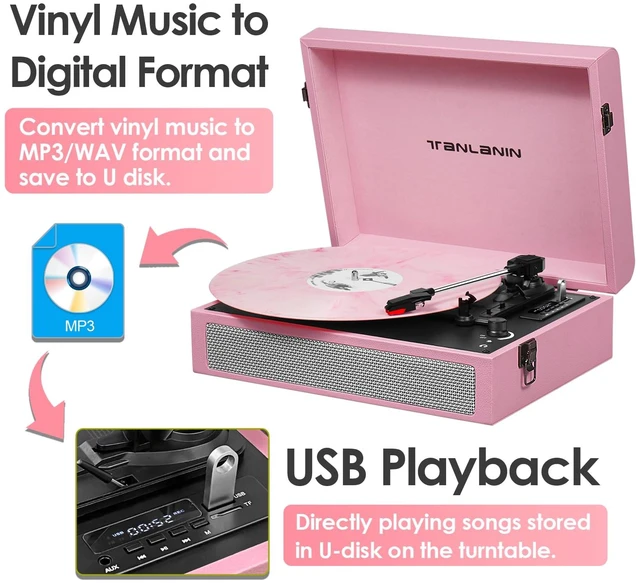 Alt view image 3 of 7 - Vintage 3-Speed Bluetooth Record Player with Built-in Speakers, Retro LP Vinyl Player Portable Turntable with USB Recording, Bluetooth Music Playback, RCA/AUX/Headphone Jack, Pink