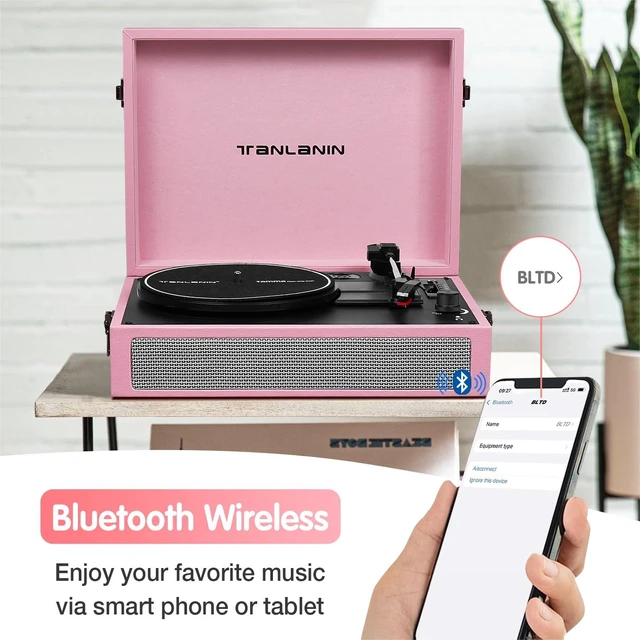 Alt view image 4 of 7 - Vintage 3-Speed Bluetooth Record Player with Built-in Speakers, Retro LP Vinyl Player Portable Turntable with USB Recording, Bluetooth Music Playback, RCA/AUX/Headphone Jack, Pink