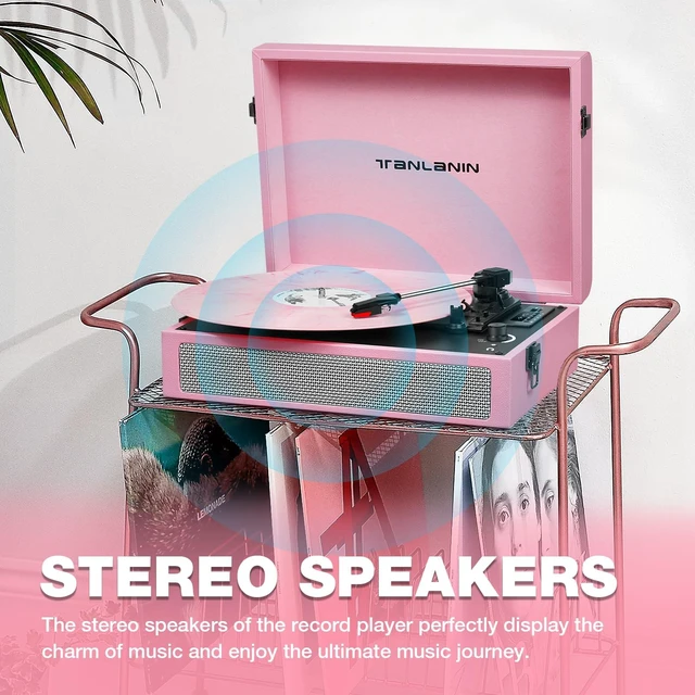 Alt view image 7 of 7 - Vintage 3-Speed Bluetooth Record Player with Built-in Speakers, Retro LP Vinyl Player Portable Turntable with USB Recording, Bluetooth Music Playback, RCA/AUX/Headphone Jack, Pink