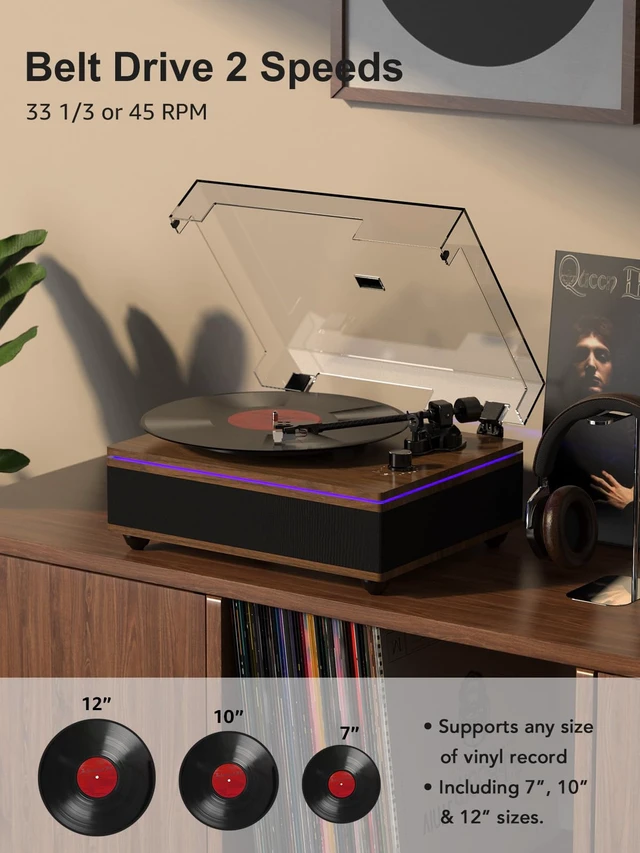 Alt view image 2 of 7 - Vinyl Record Player Turntables with Built in Speakers & Cool Light Strip All-in-one vintage turntable.Belt Drive 2-Speed Turntables with Magnetic Cartridge AT-3600L,Support RCA Output,Walnut Brown