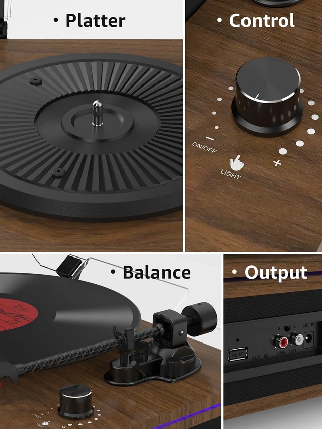 Alt view image 3 of 7 - Vinyl Record Player Turntables with Built in Speakers & Cool Light Strip All-in-one vintage turntable.Belt Drive 2-Speed Turntables with Magnetic Cartridge AT-3600L,Support RCA Output,Walnut Brown