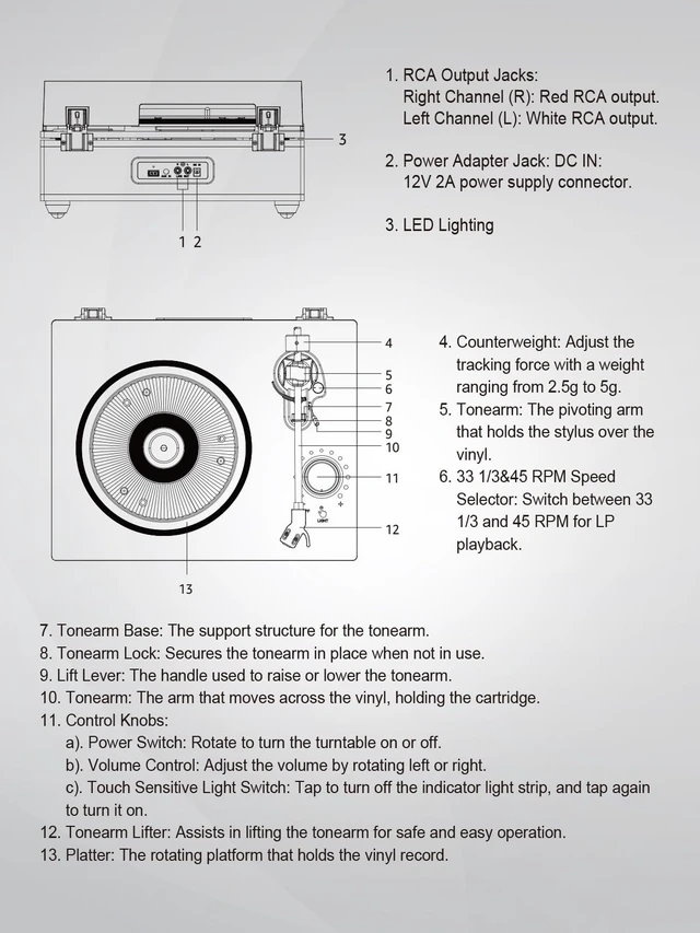 Alt view image 7 of 7 - Vinyl Record Player Turntables with Built in Speakers & Cool Light Strip All-in-one vintage turntable.Belt Drive 2-Speed Turntables with Magnetic Cartridge AT-3600L,Support RCA Output,Walnut Brown