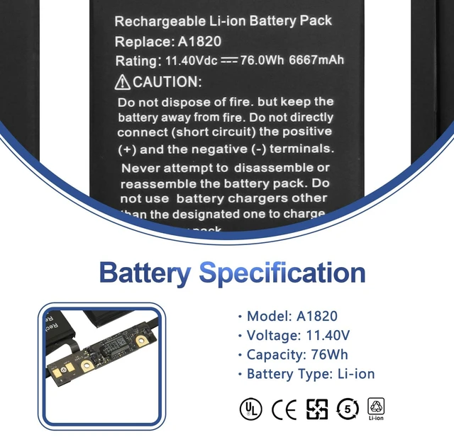 Alt view image 2 of 7 - A1820 A1707 Battery Replacement for MacBook Pro 15" (Late 2016, Mid 2017) Touch Bar EMC 3072 EMC 3162 MLH32 MLH42 MLW72 MLW82 MPTR2 MPTT2 MLH52 MLW92 MPTU2 MPTV2 MPTW2 MPTX2 76Wh 6667mAh