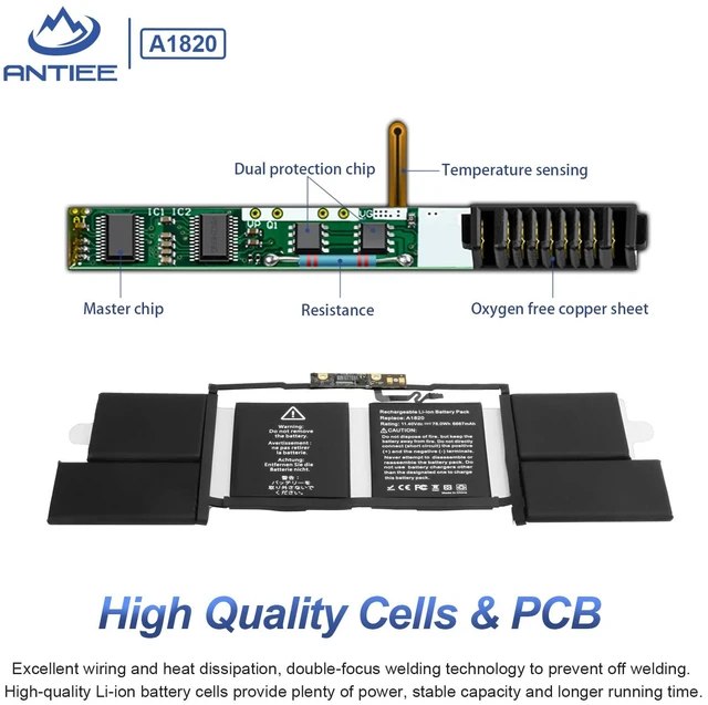 Alt view image 3 of 7 - A1820 A1707 Battery Replacement for MacBook Pro 15" (Late 2016, Mid 2017) Touch Bar EMC 3072 EMC 3162 MLH32 MLH42 MLW72 MLW82 MPTR2 MPTT2 MLH52 MLW92 MPTU2 MPTV2 MPTW2 MPTX2 76Wh 6667mAh