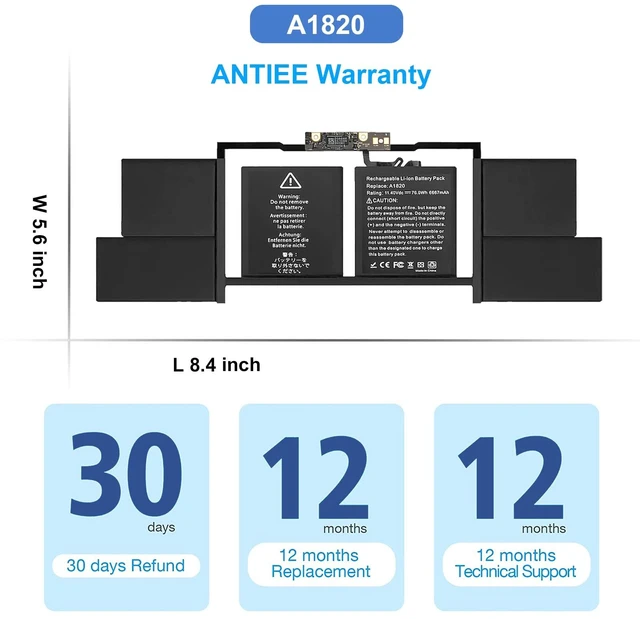Alt view image 6 of 7 - A1820 A1707 Battery Replacement for MacBook Pro 15" (Late 2016, Mid 2017) Touch Bar EMC 3072 EMC 3162 MLH32 MLH42 MLW72 MLW82 MPTR2 MPTT2 MLH52 MLW92 MPTU2 MPTV2 MPTW2 MPTX2 76Wh 6667mAh
