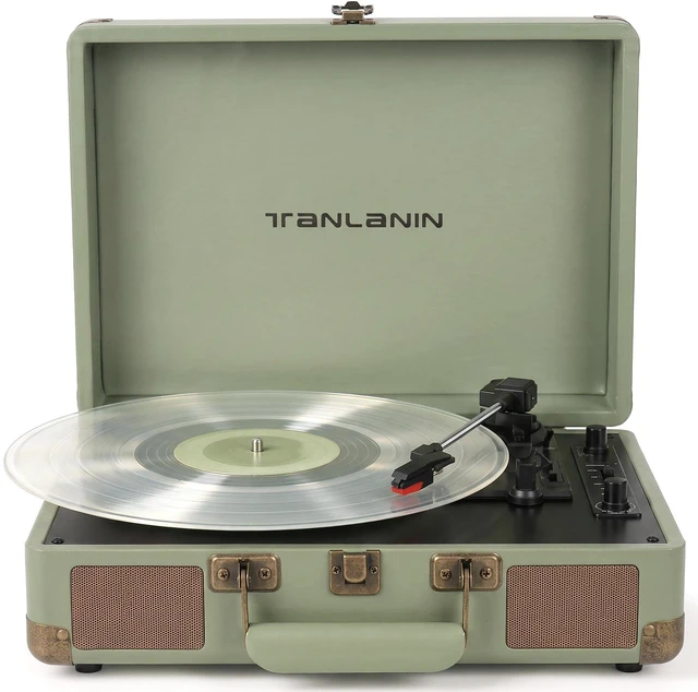 Main image of Suitcase Record Player with Bluetooth, 3-Speed Belt-Drive Portable Turntable, Built-in Stereo Speakers, Vinyl-to-MP3 USB Recording, RCA & Headphone Output, AUX Input, Sage Green