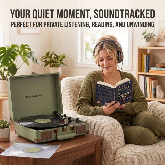 Alt view image 2 of 7 - Suitcase Record Player with Bluetooth, 3-Speed Belt-Drive Portable Turntable, Built-in Stereo Speakers, Vinyl-to-MP3 USB Recording, RCA & Headphone Output, AUX Input, Sage Green