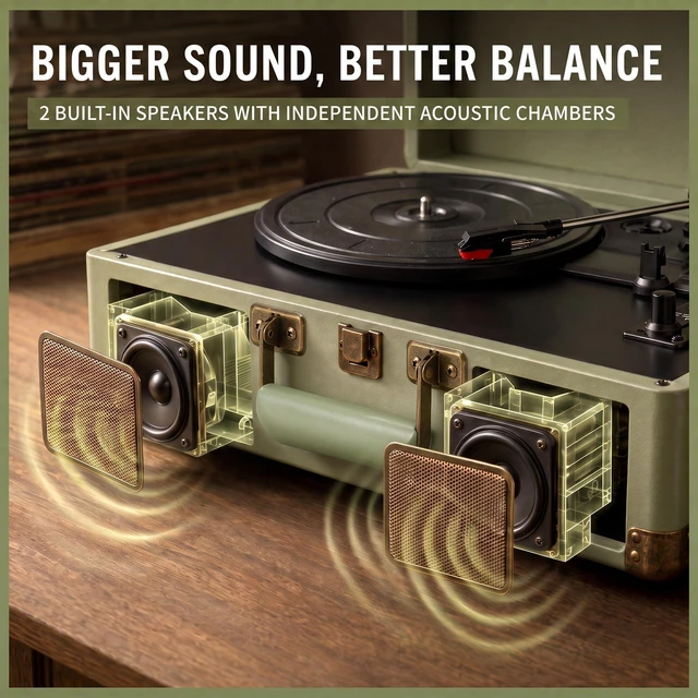 Alt view image 3 of 7 - Suitcase Record Player with Bluetooth, 3-Speed Belt-Drive Portable Turntable, Built-in Stereo Speakers, Vinyl-to-MP3 USB Recording, RCA & Headphone Output, AUX Input, Sage Green
