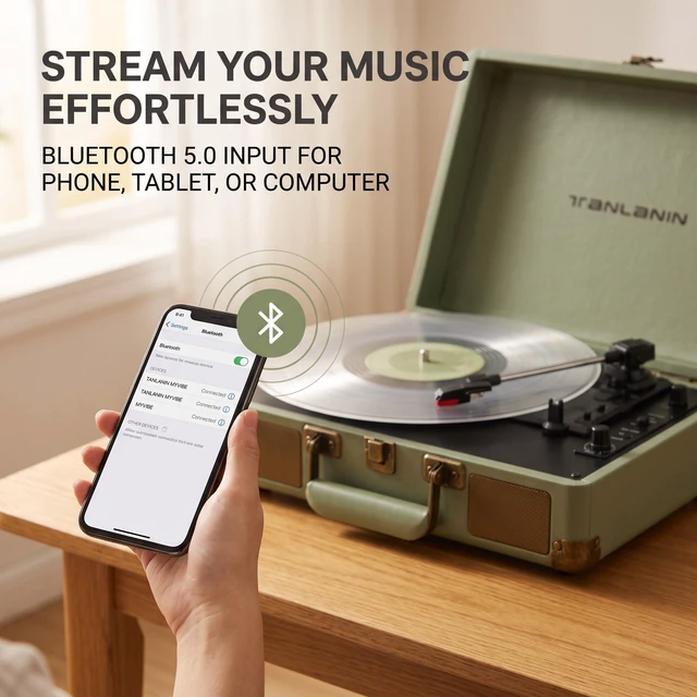 Alt view image 4 of 7 - Suitcase Record Player with Bluetooth, 3-Speed Belt-Drive Portable Turntable, Built-in Stereo Speakers, Vinyl-to-MP3 USB Recording, RCA & Headphone Output, AUX Input, Sage Green
