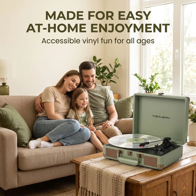 Alt view image 5 of 7 - Suitcase Record Player with Bluetooth, 3-Speed Belt-Drive Portable Turntable, Built-in Stereo Speakers, Vinyl-to-MP3 USB Recording, RCA & Headphone Output, AUX Input, Sage Green