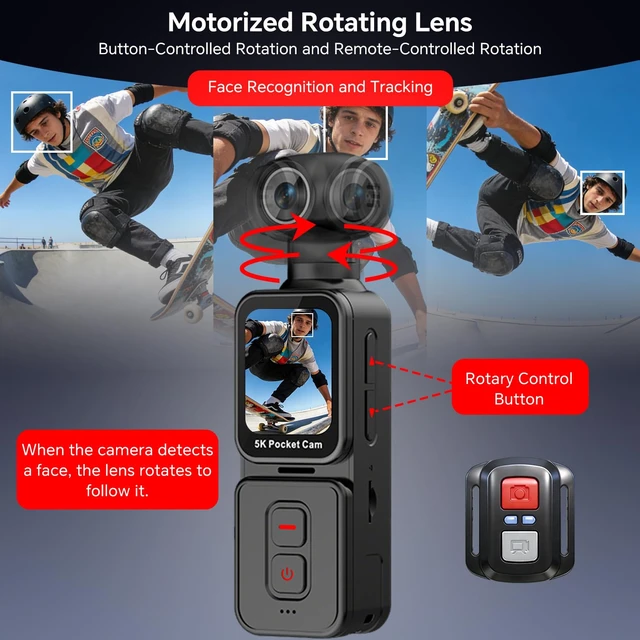 Alt view image 3 of 7 - 5K Vlogging Camera with Motorized Rotating Lens and Face Tracking Wearable Body Camera for Content Creators, YouTube, Travel & POV, 90° Rotatable Touchscreen, External Mic, Remote, 360° Clip