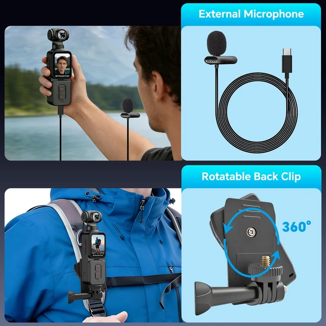 Alt view image 5 of 7 - 5K Vlogging Camera with Motorized Rotating Lens and Face Tracking Wearable Body Camera for Content Creators, YouTube, Travel & POV, 90° Rotatable Touchscreen, External Mic, Remote, 360° Clip