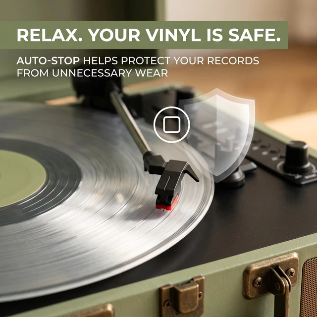 Alt view image 7 of 7 - Suitcase Record Player with Bluetooth, 3-Speed Belt-Drive Portable Turntable, Built-in Stereo Speakers, Vinyl-to-MP3 USB Recording, RCA & Headphone Output, AUX Input, Sage Green