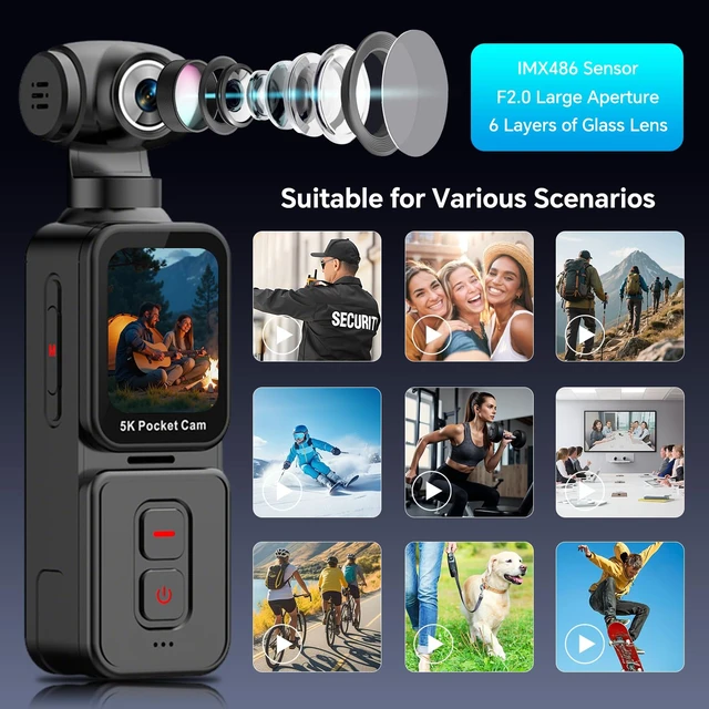 Alt view image 7 of 7 - 5K Vlogging Camera with Motorized Rotating Lens and Face Tracking Wearable Body Camera for Content Creators, YouTube, Travel & POV, 90° Rotatable Touchscreen, External Mic, Remote, 360° Clip