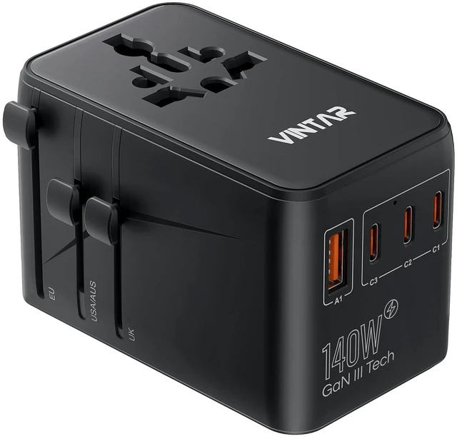 Main image of 140W GaN Universal Travel Adapter for Europe/UK/US/AU 200+ Countries 6-in-1 International Power Adapter, 2 AC Outlets, 3 USB-C PD & 1 USB-A QC, 140W PD Fast Charging for Laptops/Tablets/Phones