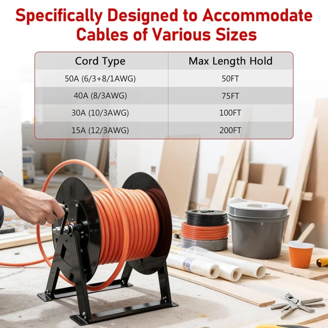 Alt view image 4 of 7 - Upgraded Heavy Duty RV Extension Cord Reel Stand 50-200 FT Power Cables Features Long-Lasting Smooth Bearings and Side Storage Rack to Organize Power Plugs and Rv Electrical Accessories Neatly